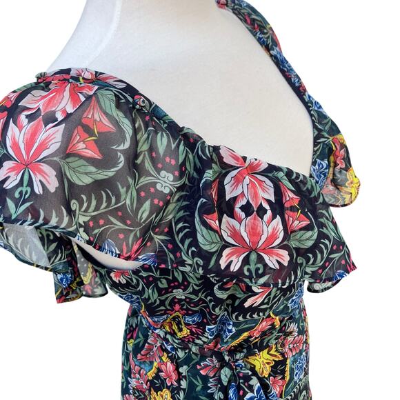 Rebecca Minkoff Midi Dress Med NWT Floral Chiffon True Wrap Ruffled Boho Coastal - Picture 12 of 16
